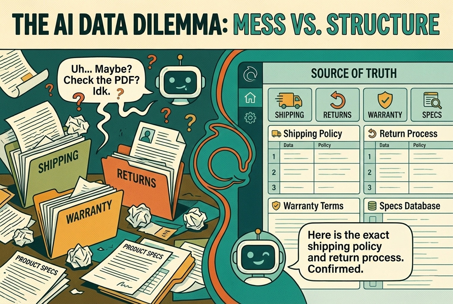 Illustration showing AI chatbot answering customer support questions using structured shipping, returns and product data