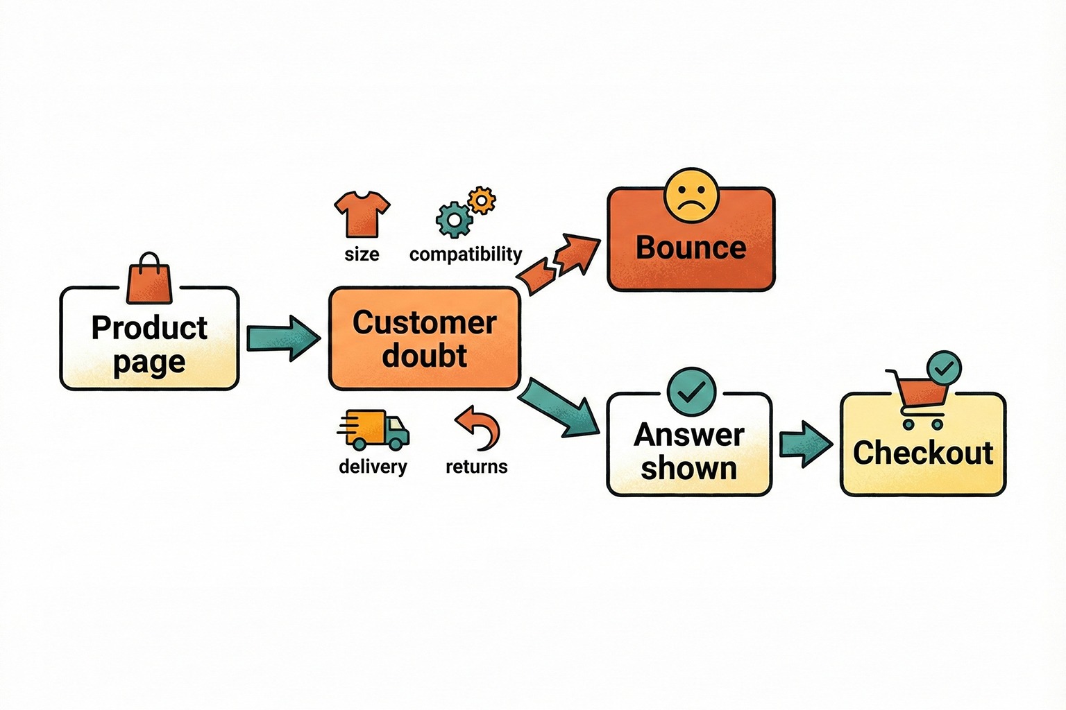 Simple flow diagram showing doubts leading to abandonment or answers leading to checkout