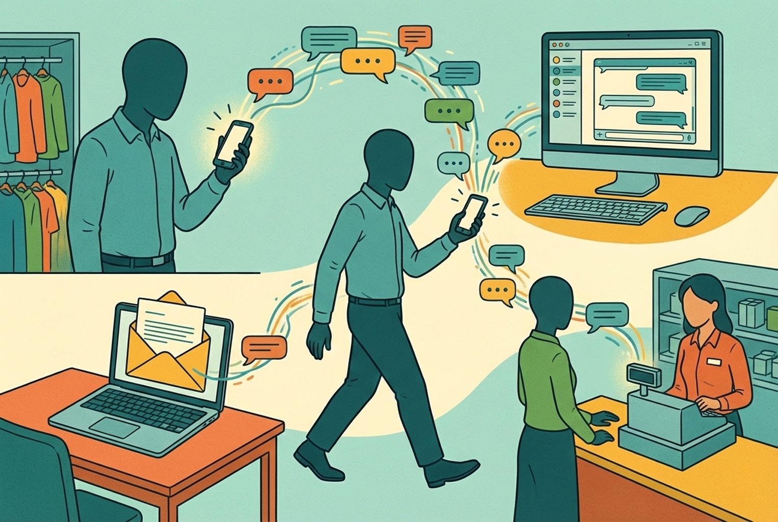 Illustration showing a customer moving between chat, email, QR scan, and in-store support without repeating their issue.