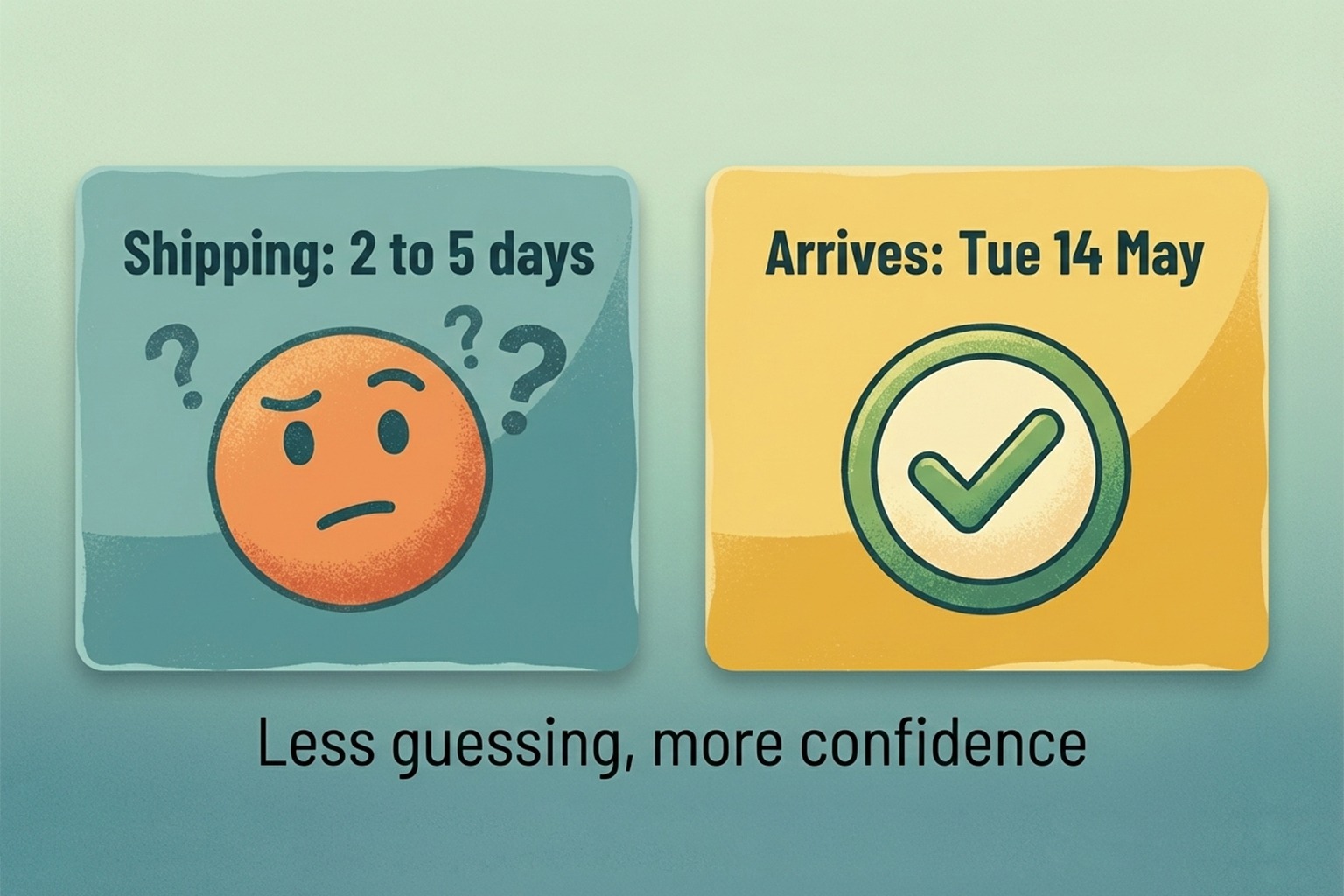 Side by side cards comparing a vague shipping range with a clear delivery date