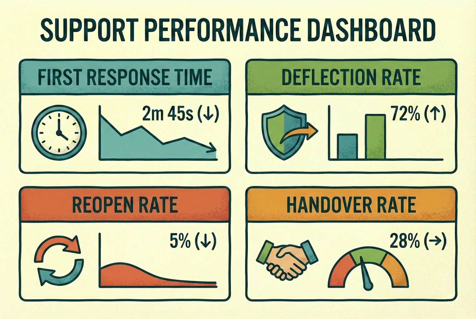 Dashboard showing hybrid support KPIs: first response time, deflection rate, reopen rate, and handover rate.
