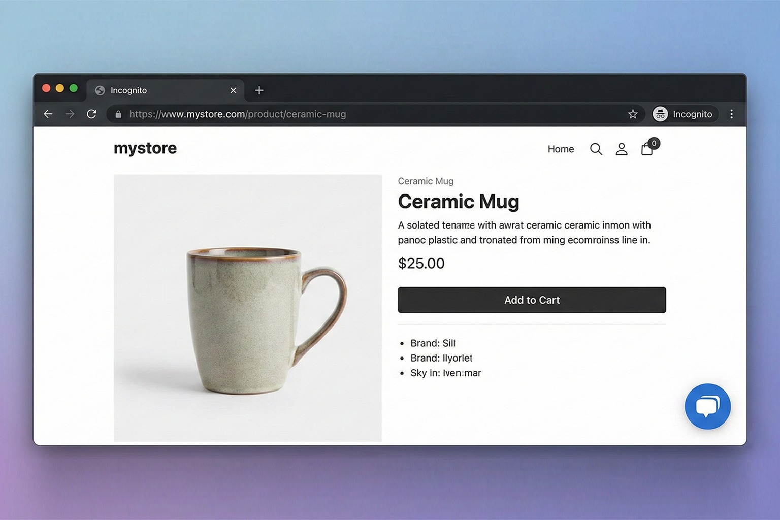 Incognito browser view showing a live chat widget appearing on a product page