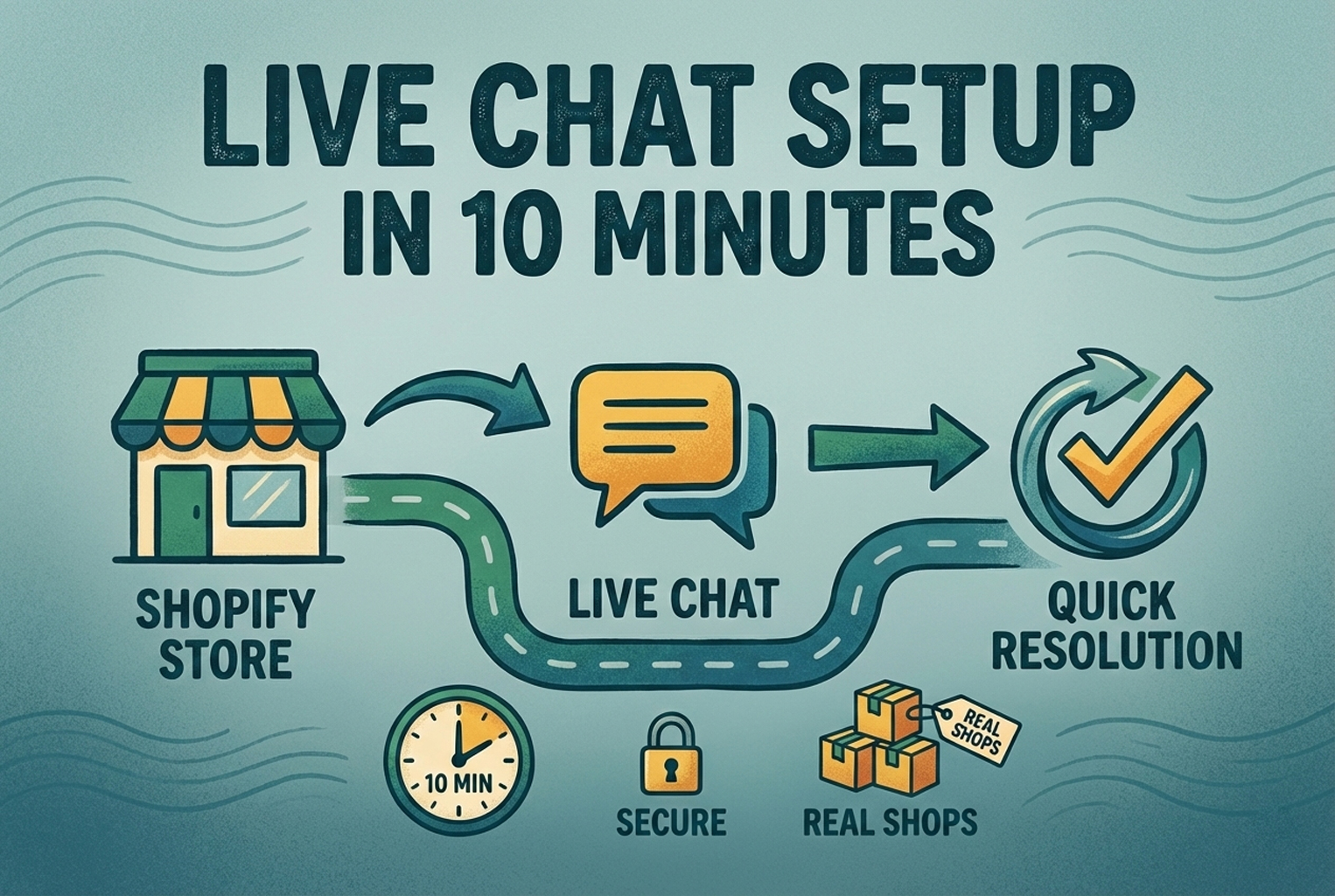 Infographic showing live chat setup in 10 minutes for a Shopify store, moving from store to live chat to quick resolution with secure and real shop icons