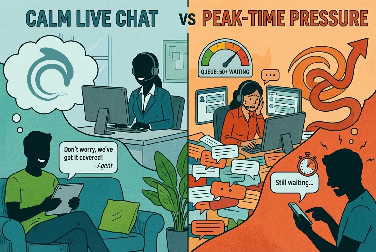 Split visual showing live chat working well for reassurance and struggling during peak-time staffing pressure.