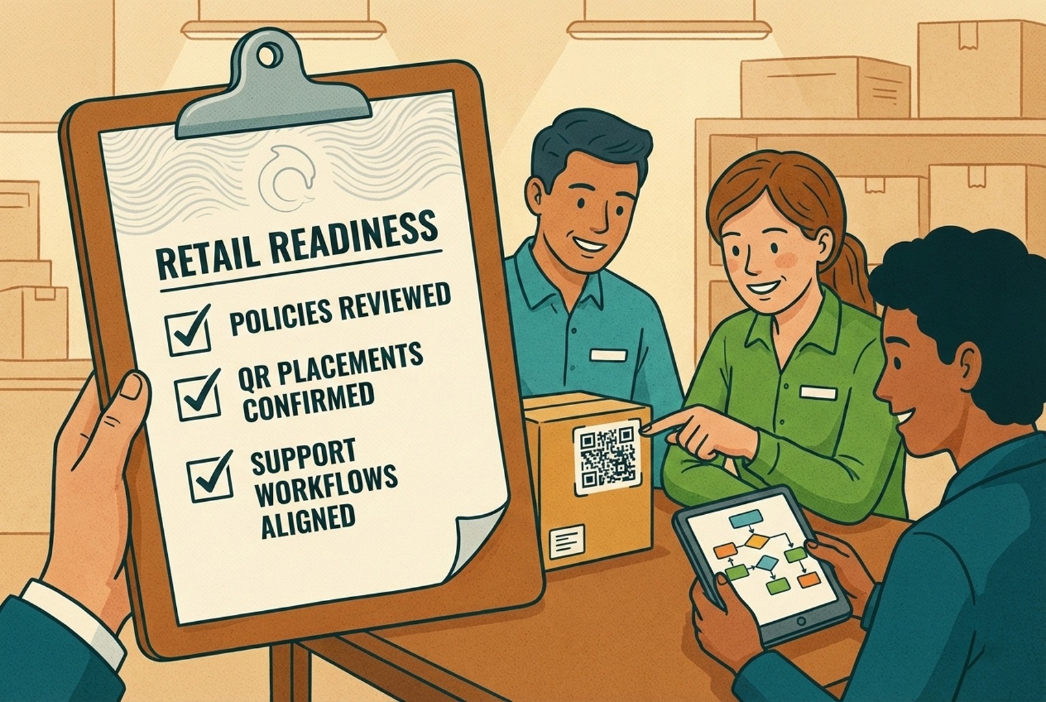 Illustration showing a small retail team reviewing an omnichannel readiness checklist and support setup.