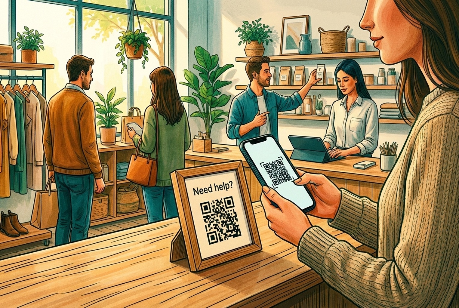 Customer scanning a QR code to get help when staff are busy, acting as a last-resort support option