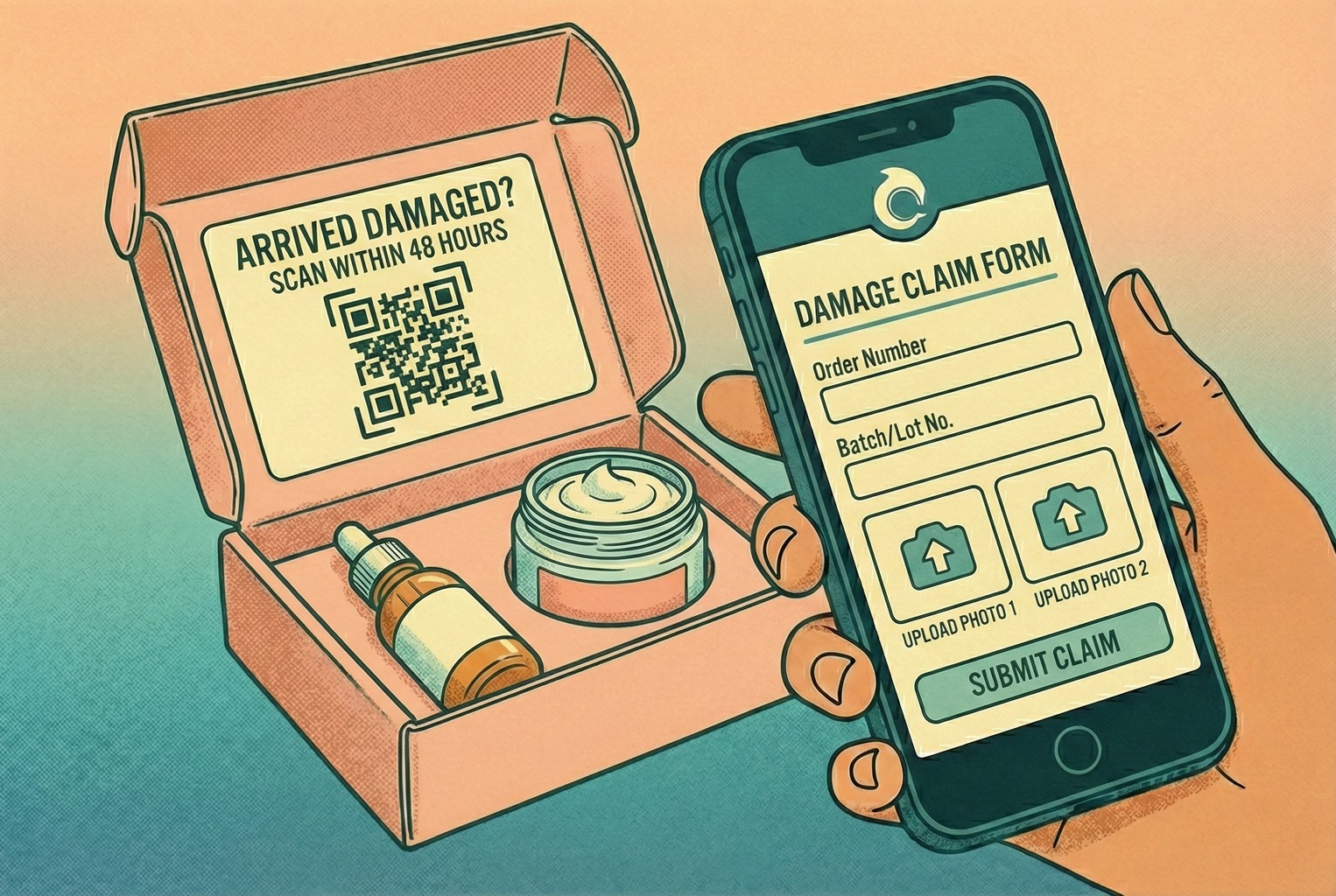 QR code on beauty product packaging linking to a damage claim form with photo upload for fast replacement or refund support.