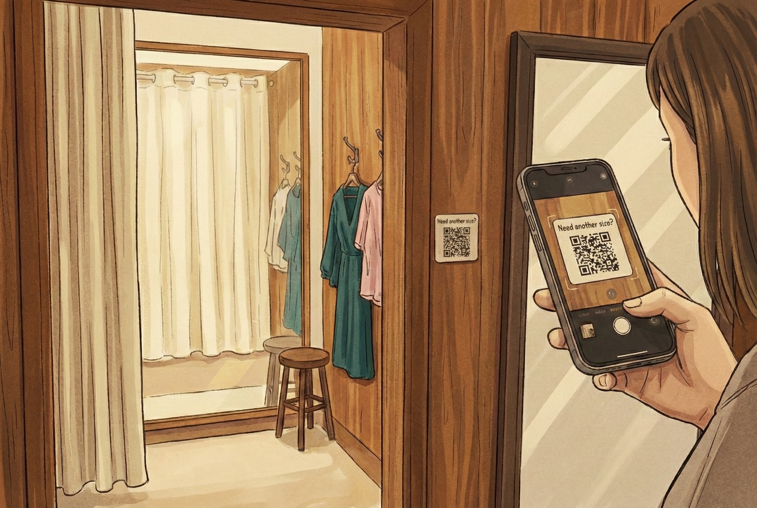 QR code inside a fitting room allowing customers to request another size or colour