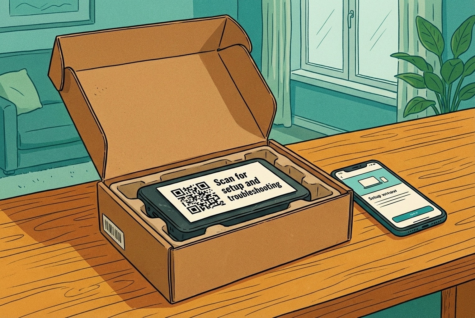 QR code packaging insert for product setup, troubleshooting, and warranty support