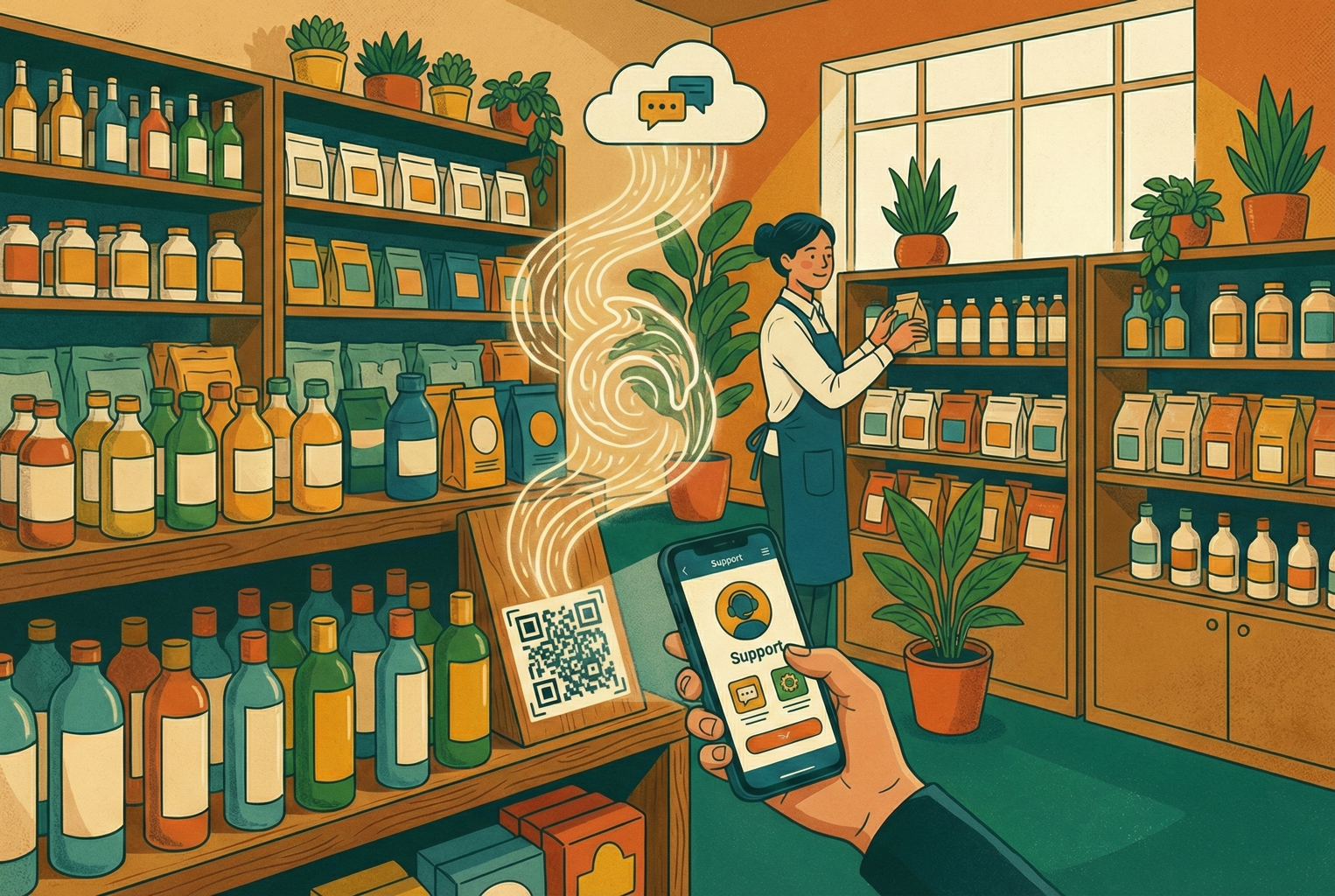 Customer scanning a QR code at a retail pickup counter to check order status or request a quick change without holding up the queue.