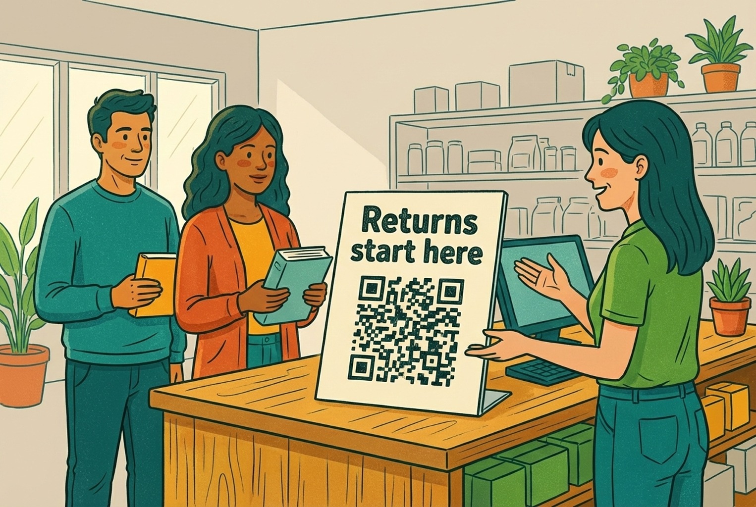 QR code sign at a retail returns desk helping customers start returns and check policies