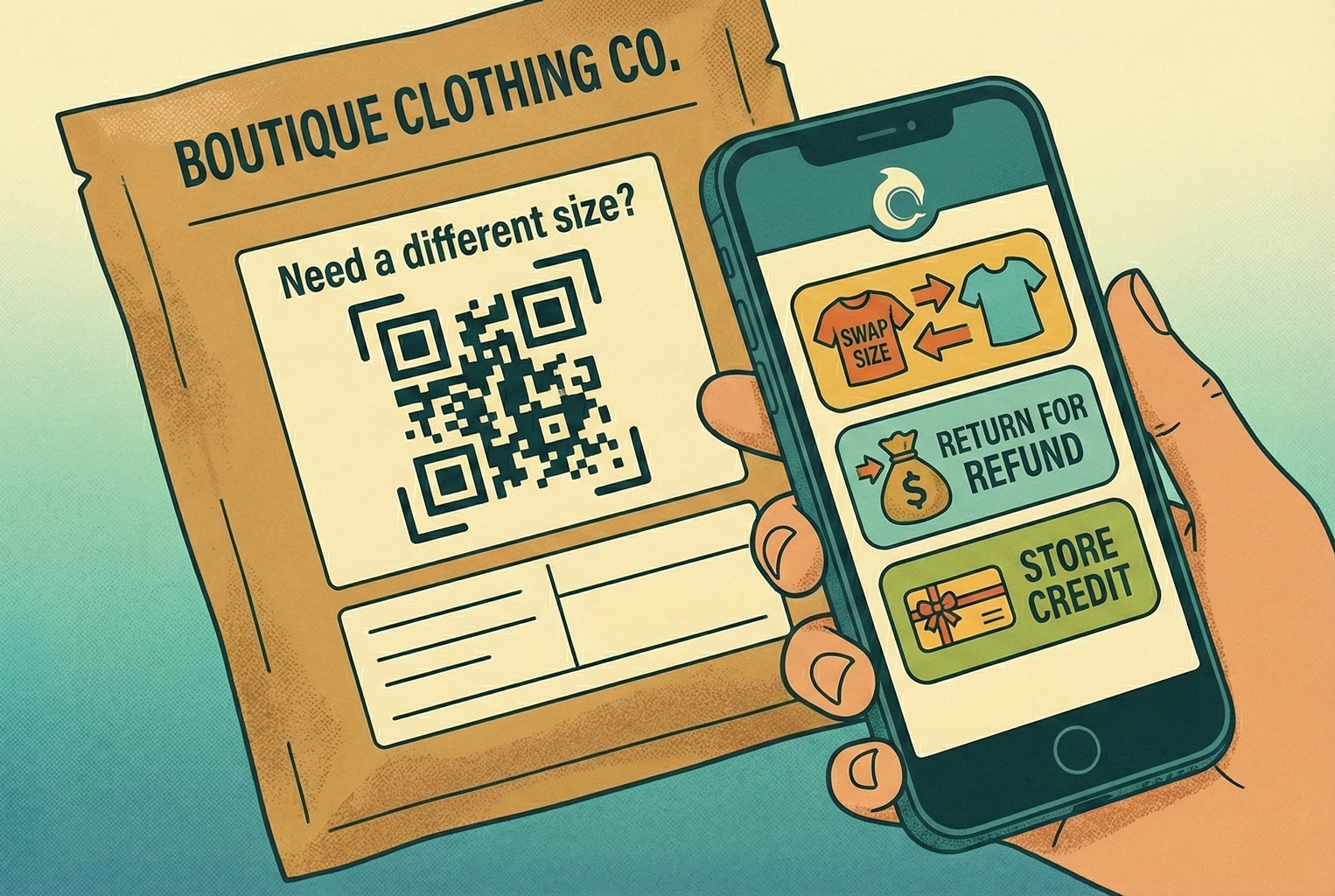 QR code on boutique clothing packaging linking to size swap, return for refund, and store credit options on a mobile support screen.