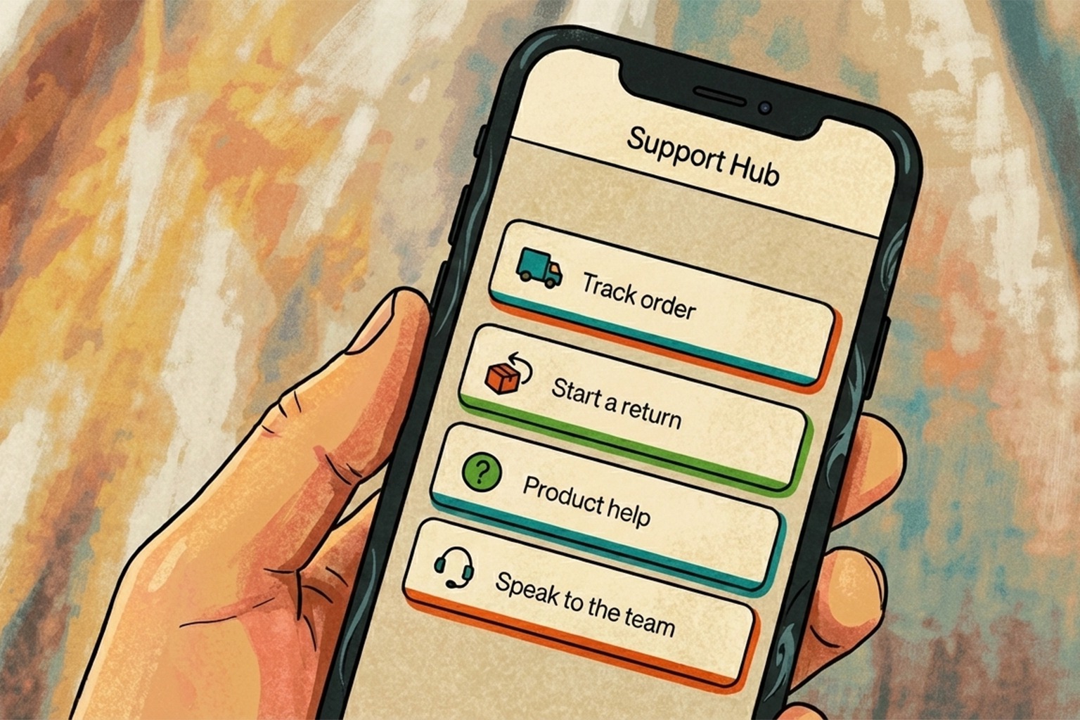 QR code support hub screen with order tracking, returns, product help, and contact options