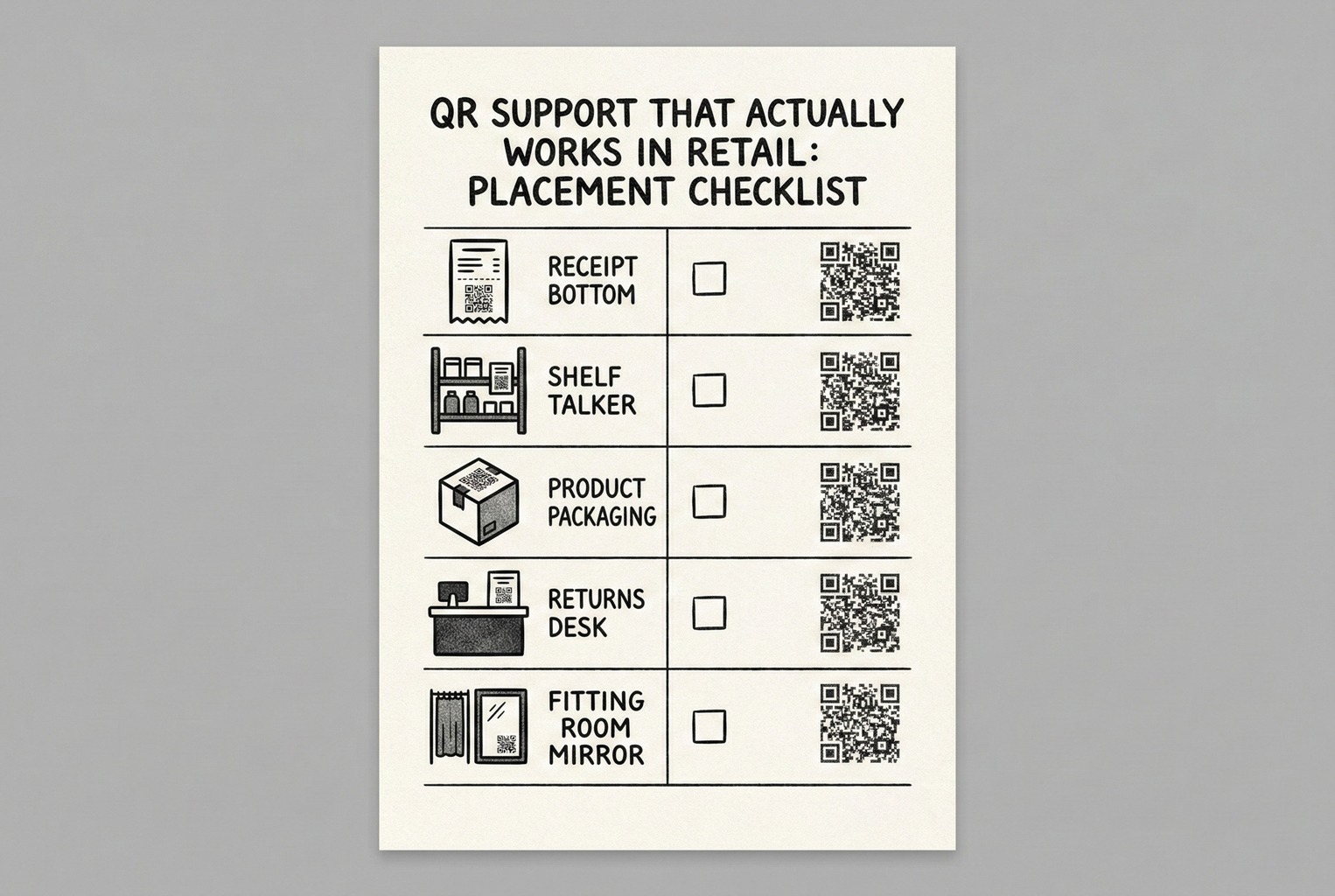 rintable QR support placement planner for retail stores showing where to place QR codes