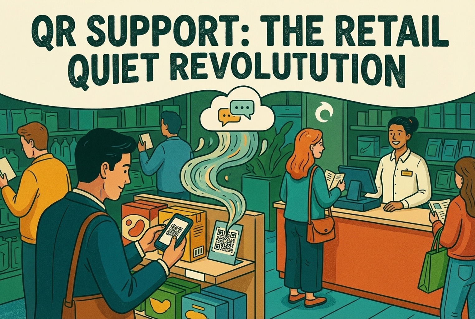 Customers scanning QR codes in a retail store to access support and information while staff assist at the counter, showing QR support as a natural part of the shopping journey