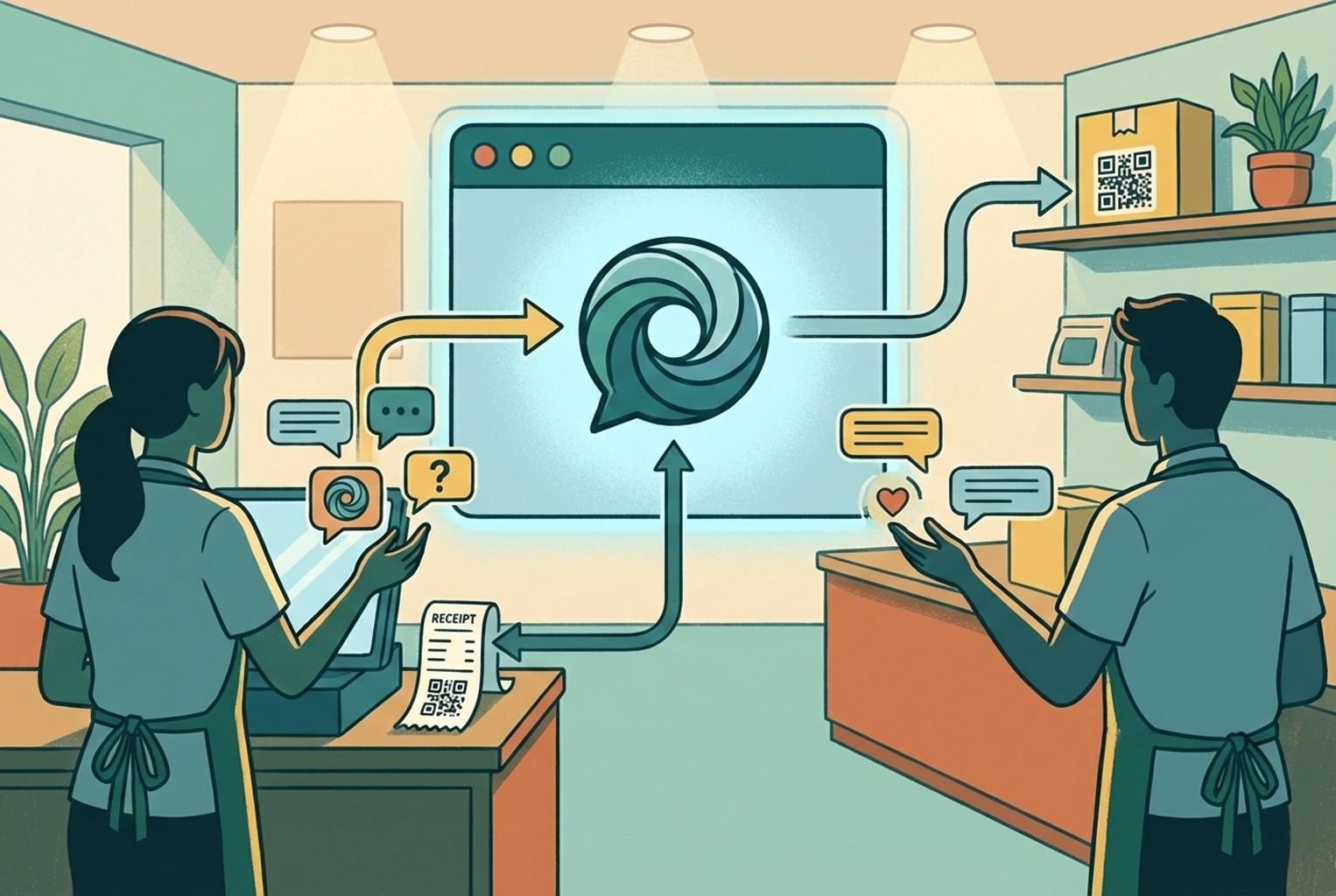 Illustration of small retail teams using QR codes on receipts and packaging to route customers into one shared support entry point.